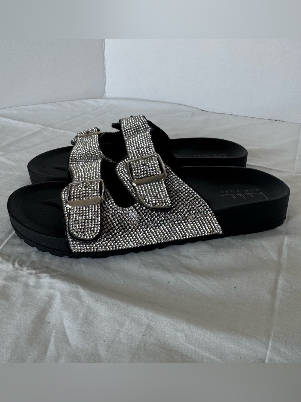 Nicole Miller Black Slide Sandals with Silver Rhinestones Size 8.5